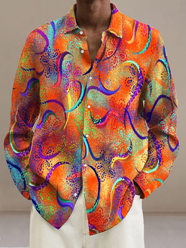 Men's Abstract Color Graffiti  Cotton Summer Casual Beach Shirt long Sleeve