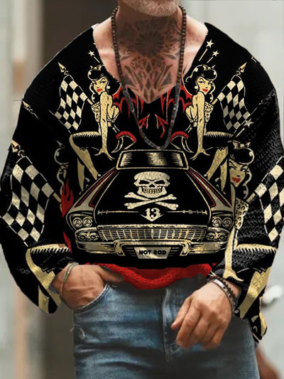 Men's Retro Tattoo Art Print V-Neck Long Sleeve Sweater Thick Top