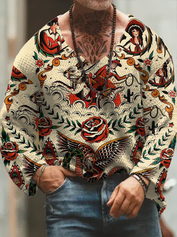 Men's Retro Tattoo Art Print V-Neck Long Sleeve Sweater Thick Top