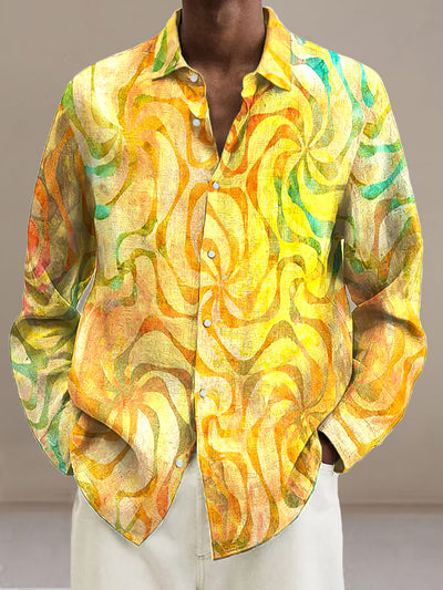 Men's Abstract Windmil Lines  Cotton Summer Casual Beach Shirt long Sleeve