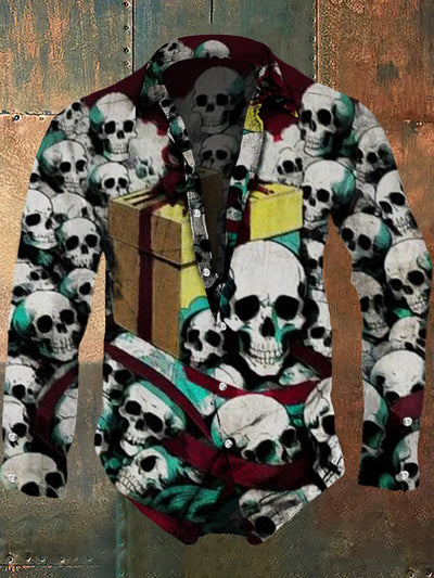 Men's Christmas Skull Retro Printed Casual Fashion Collar Long Sleeve Shirt