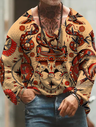 Men's Retro Tattoo Art Print V-Neck Long Sleeve Sweater Thick Top