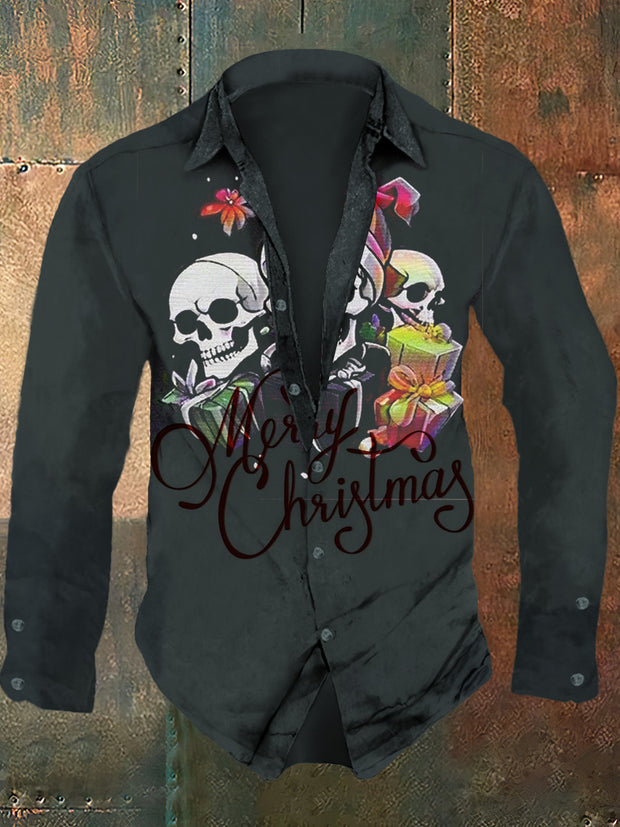 Men's Christmas Skull Retro Printed Casual Fashion Collar Long Sleeve Shirt