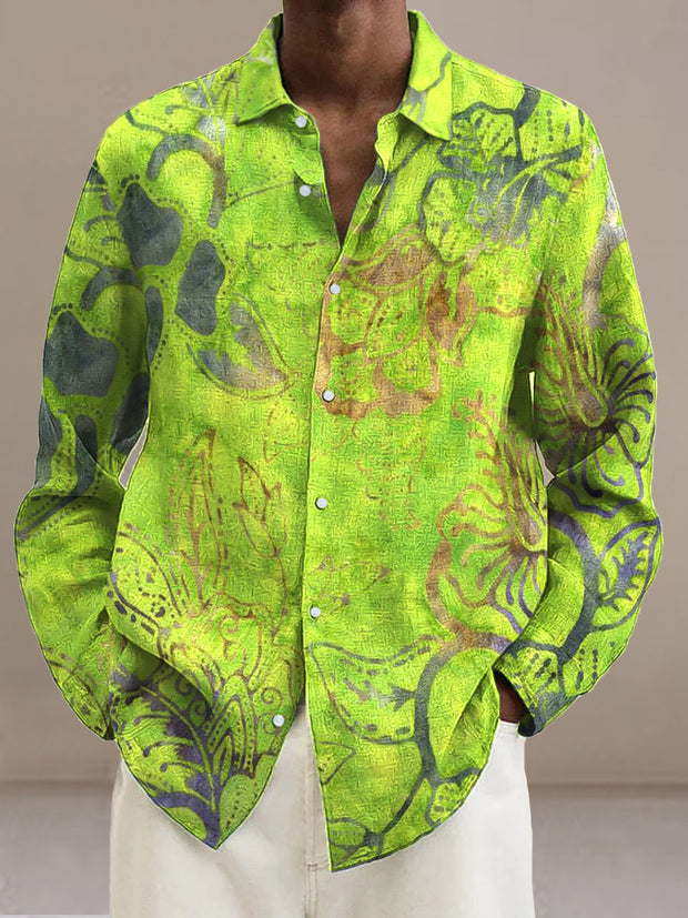 Men's Green Flowers  Cotton Summer Casual Beach Shirt long Sleeve