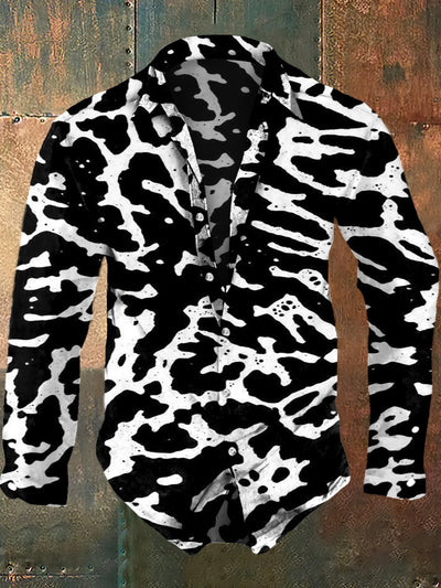 Men's retro printed casual fashion lapel long sleeved shirt