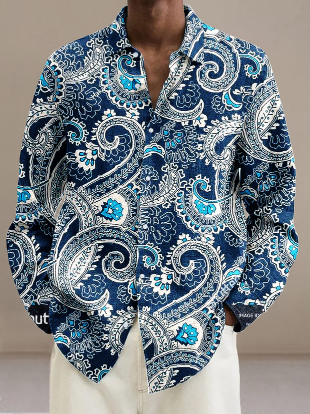 Gentleman Vintage Blue Ethnic Floral Art Print Long Sleeve Shirt