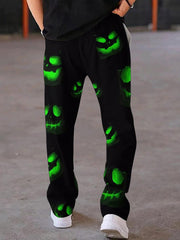 Gentleman Casual Halloween Horror Devil Art Print Lace Up Straight Leg Pants