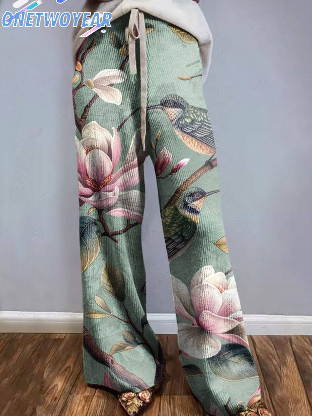 Women's Vintage Floral Art Illustration Prints Knitted Trousers