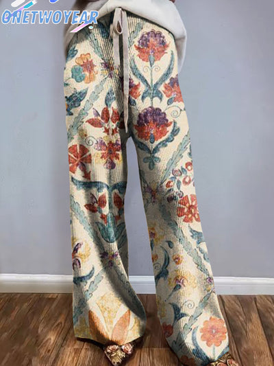 Women's Vintage Floral Art Illustration Prints Knitted Trousers