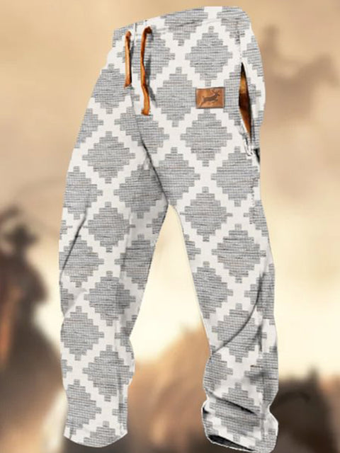 Retro Texture Pattern Print Western Village Hunting Logo Striped Casual Sweatpants