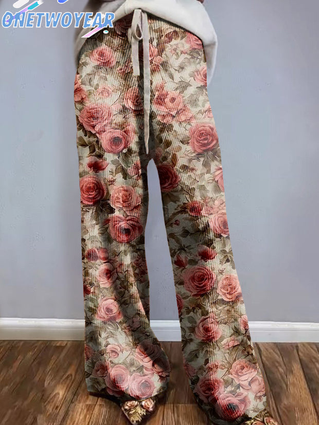 Women's Vintage Floral Art Illustration Casual Print Knitted Trousers