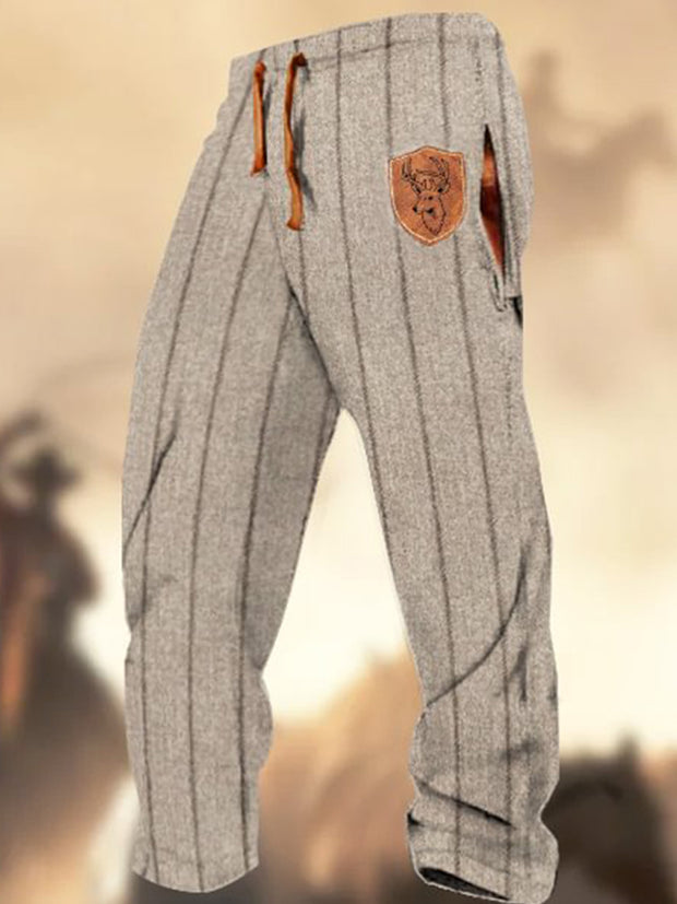 Retro Texture Pattern Print Western Village Hunting Logo Striped Casual Sweatpants