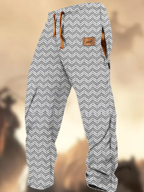 Retro Texture Pattern Print Western Village Hunting Logo Striped Casual Sweatpants