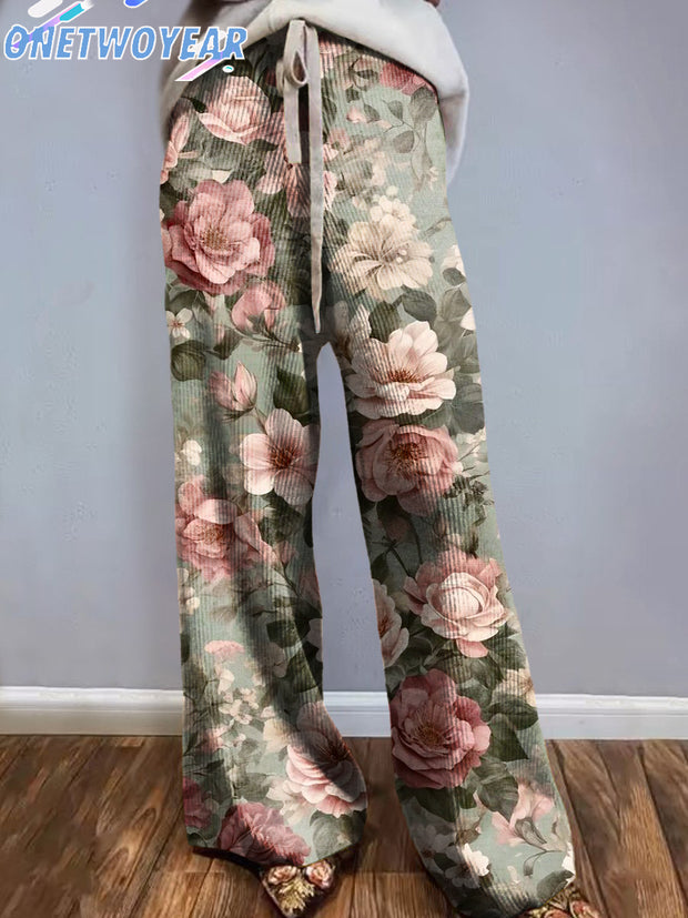 Women's Vintage Floral Art Illustration Comfortable Print Knitted Trousers