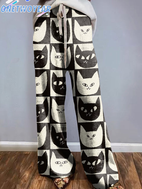 Women's Vintage Cats Art Illustration Prints Knitted Trousers