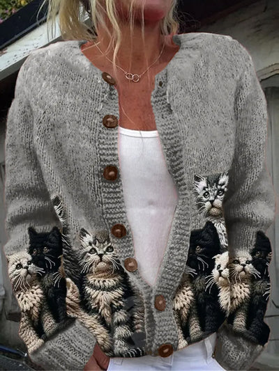 Elegant Retro Cat Print Buttoned Casual Long-Sleeved Knit Cardigan Sweater