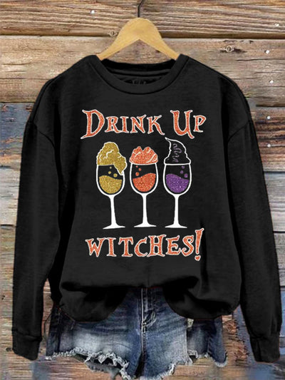 Wine Cup Print Cotton Casual Long Sleeve Hoodie