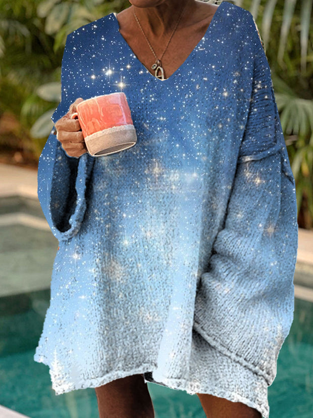 Women's Fashion Elegant Artistic Gradient Starry Sky Printed Long Sleeve V-Neck Sweater