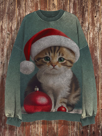 Unisex Christmas cute kitten retro printed round neck casual fashion long sleeved sweatshirt