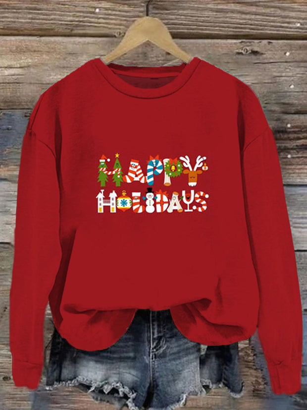 Christmas Printed Crew-Neck Retro Fashion Loose Long Sleeved Sweatshirt