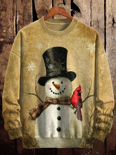 Unisex Christmas Snowman Art Illustration Printed Casual Long Sleeve Sweatshirt