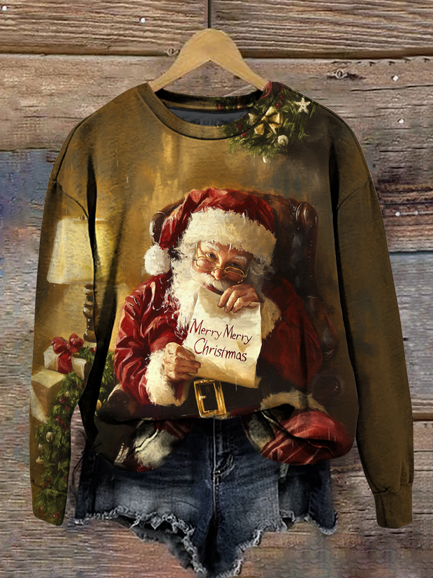 Christmas Art Print Round Neck Long Sleeve Casual Sweatshirt