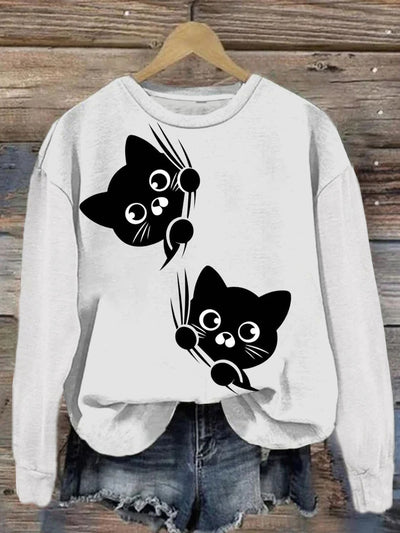 Cat Flower Fairy Printed Crew-Neck Retro Fashion Loose Long Sleeved Sweatshirt