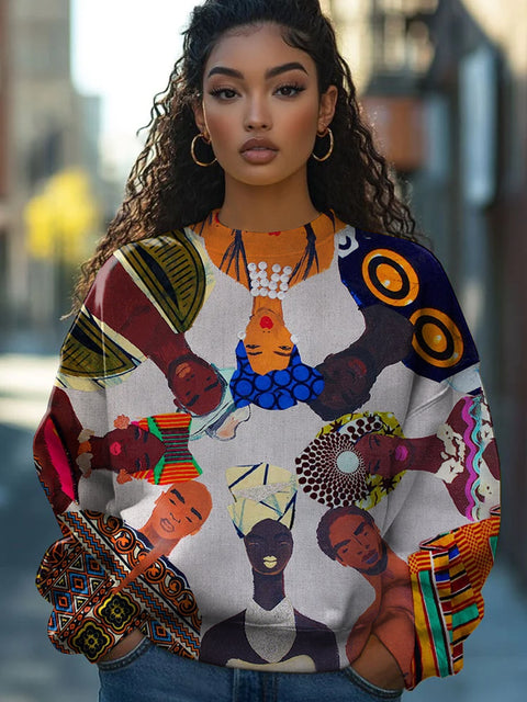 Women's Retro African Tribal Illustration Printed Casual Long Sleeve Sweatshirt