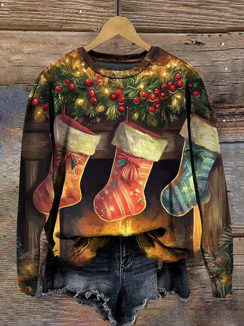 Christmas Art Print Round Neck Long Sleeve Casual Sweatshirt