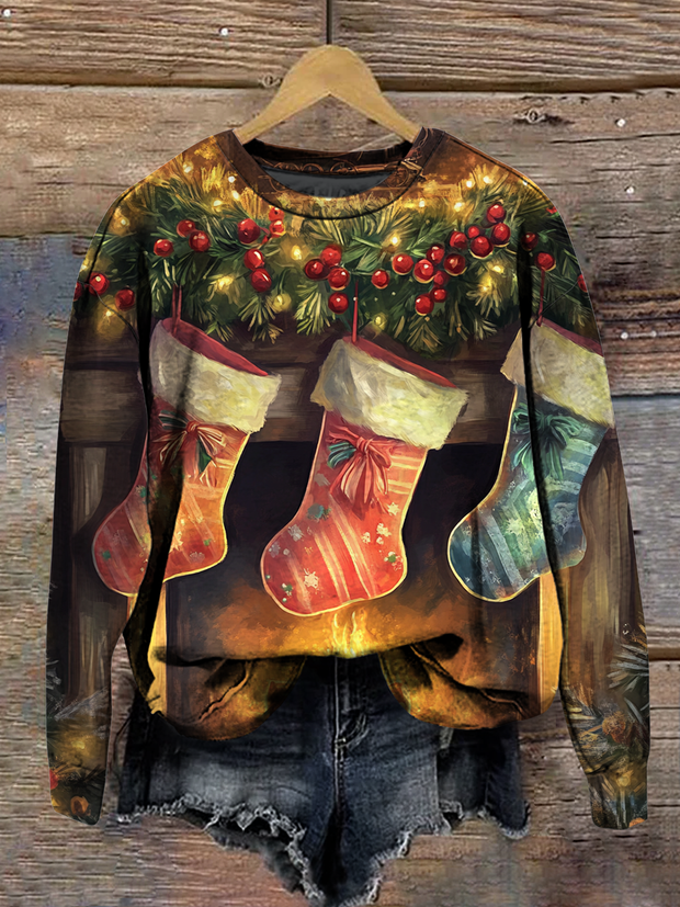 Christmas Art Print Round Neck Long Sleeve Casual Sweatshirt