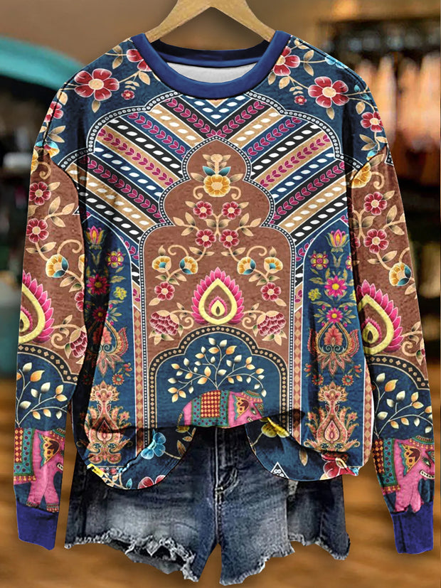 Unisex Retro Ethnic Floral Print Casual Sweatshirt