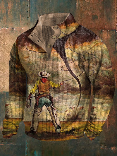 Retro Western Art Print Design V-Neck Zipper Long Sleeve Sweater Sweatshirt