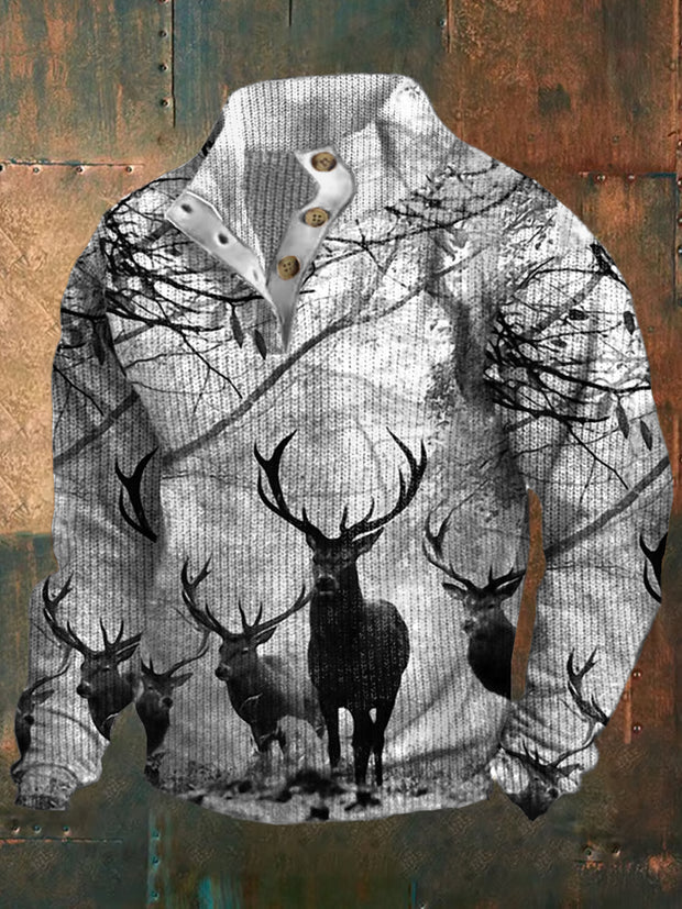 Retro Western Art Print Design V-Neck Zipper Long Sleeve Sweater Sweatshirt