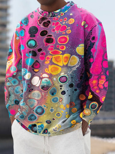 Gentleman's Casual Multicolor Round Art Print Crew Neck Pullover Shirt