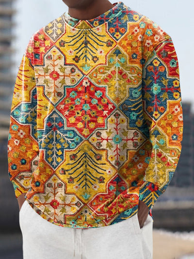 Gentleman's Casual Multicolor Ethnic Geometric Art Print Crew Neck Pullover