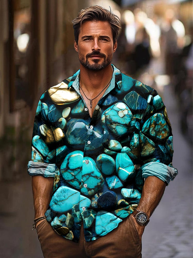 Gentleman Vintage Colorful Stone Art Print Long Sleeve Pocket Shirt