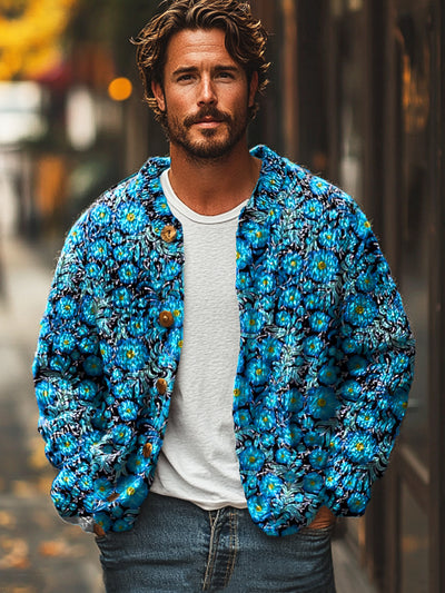 Gentleman Vintage Blue Floral Art Print Button Cardigan Sweater