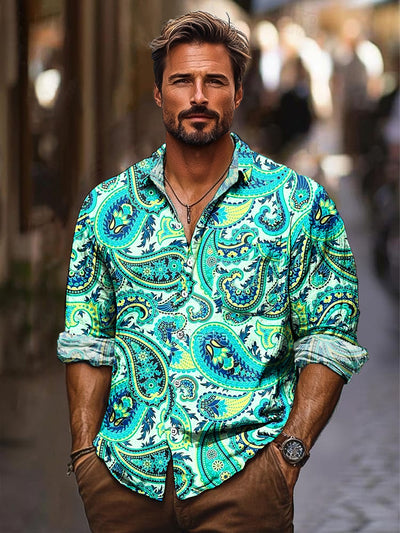 Gentleman Vintage Green Paisley Floral Art Print Long Sleeve Pocket Shirt