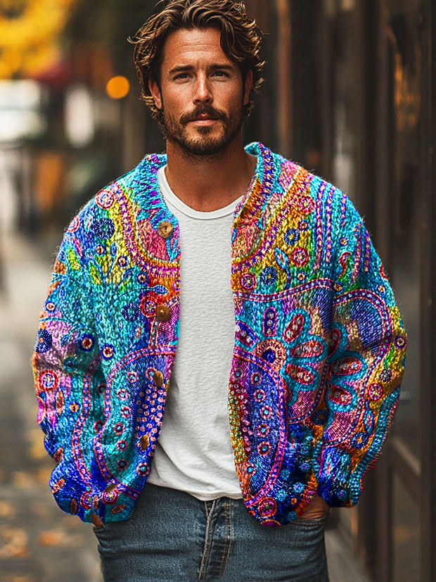 Gentleman Vintage Multicolor Art Print Button Cardigan Sweater