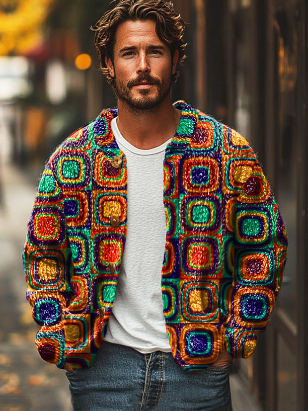 Gentleman Vintage Multicolor Geometric Art Print Button Cardigan Sweater