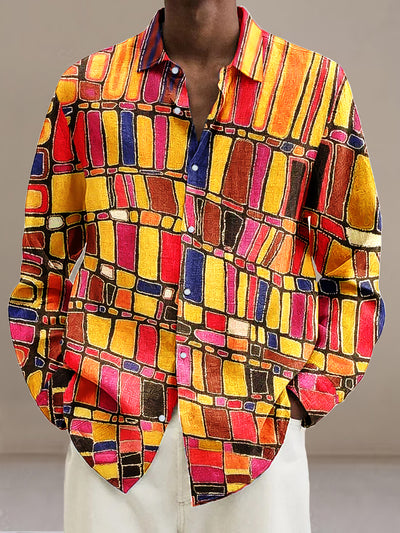 Gentleman Vintage Multicolor Geometric Art Print Long Sleeve Shirt