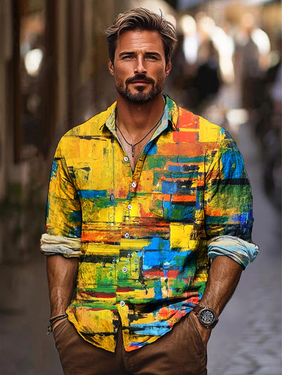 Gentleman Vintage Abstract Colorful Graffiti Art Print Long Sleeve Pocket Shirt