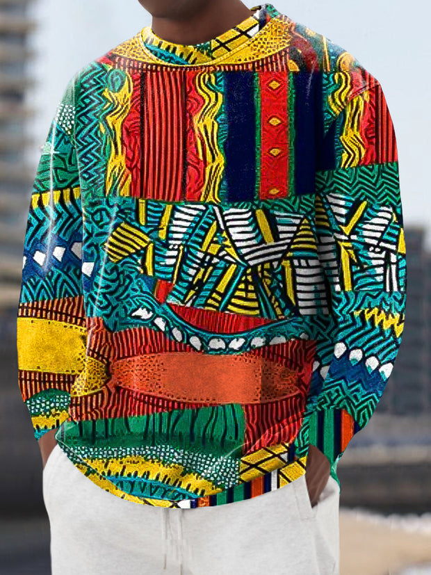 Gentleman's Casual Ethnic Multicolor Art Printed Crew Neck Pullover