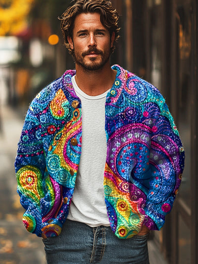 Gentleman Vintage Multicolor Psychedelic Swirl Art Print Cardigan Sweater