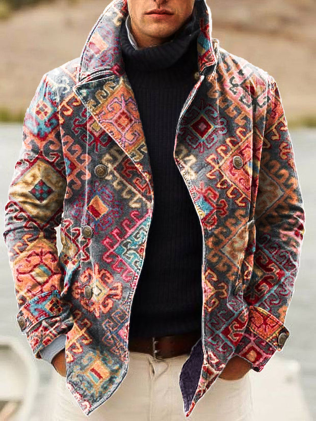 Gentleman Vintage Ethnic Art Print Lapel Double Breasted Jacket