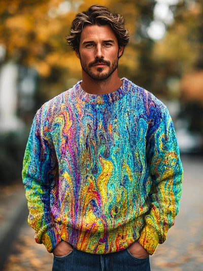 Gentleman Casual Abstract Multicolor Textured Art Print Crew Neck Sweater