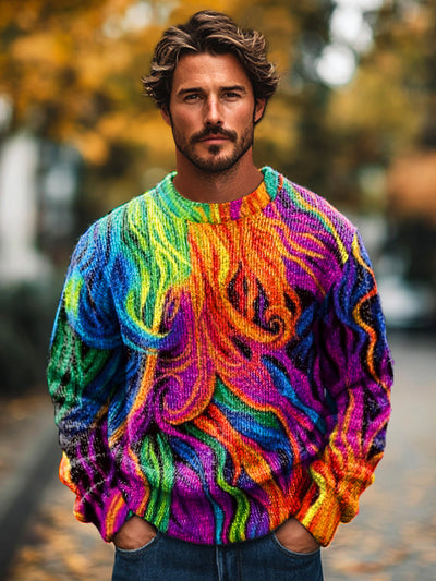 Gentleman's Casual Rainbow Color Line Crew Neck Sweater