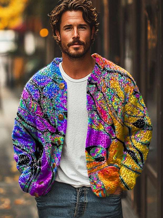 Gentleman's Retro Color Gradient Line Art Print Cardigan Sweater