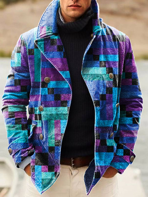 Gentleman Vintage Colorful Geometric Art Print Lapel Double Breasted Jacket